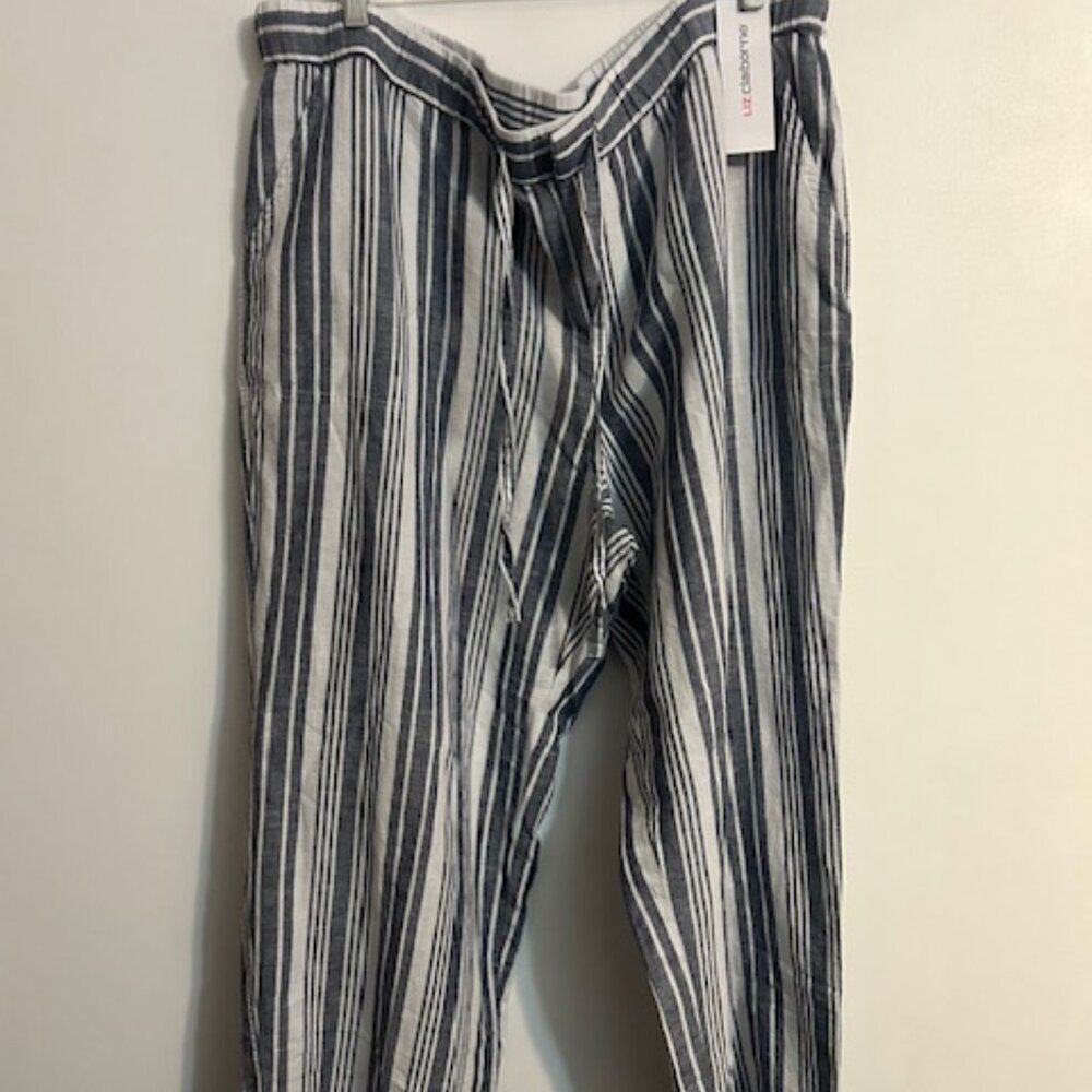 Liz Claiborne Linen blend stripe Gray/White drawstring wide-leg pants, size XXL